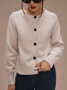 Forever 21 女士纯色圆领前扣休闲长袖开衫 - 杏色 - 查看 8
