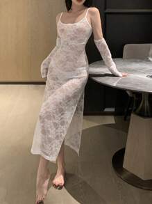 DAZY Lace Form-Fitting High Slit Slip Dress With Lace Sleeve Set, Sexy Nightgown - White - View 3