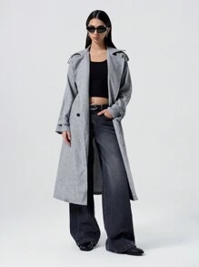 LYSMO Women's Solid Color Double-Breasted Belted Pocket Long Sleeve Casual Trench Coat - Grey - View 1