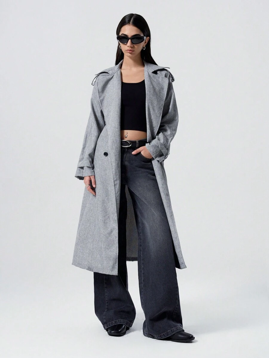 LYSMO Women's Solid Color Double-Breasted Belted Pocket Long Sleeve Casual Trench Coat - Grey - View 1