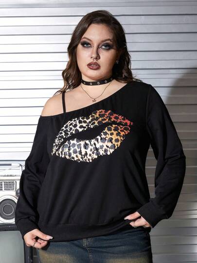 Goth Plus Size Women Oblique Shoulder Vintage Ombre Leopard Lip Graphic Loose Fit Long Sleeve Sweatshirt