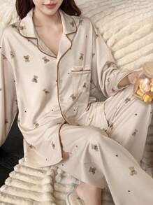 DAZY Women's Cute Bear Printed Lapel Collar Contrast Binding Long Sleeve Shirt And Pants Pajama Set