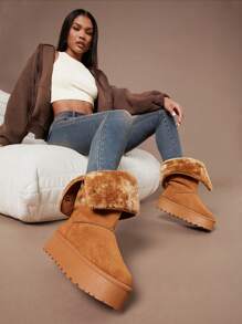 SHUZIA 女士休闲一脚蹬厚底蓬松保暖内衬中筒可爱雪地靴