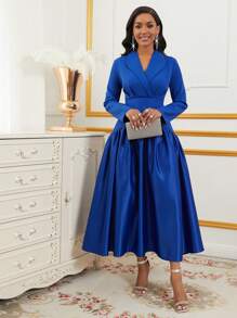 Lyxana Women's Pleated Long Sleeve Dress With Stand Collar, Elegant, Solid Color, Autumn Maxi Women Outfit