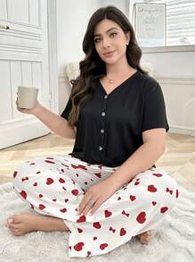 Plus Size Solid Color Cardigan Short Sleeve Top And Heart Print Long Pants Pajamas Set