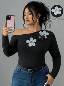 Flirla Damen Große Größen Schwarz & Weiß Blumen Schulterfreies Langarm T-Shirt Grafik Oberteile Damen für den Frühling
