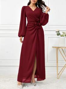 Modelyn Sukienka damska w jednolitym kolorze z dekoltem w serek i rękawami w kształcie latarni, z kwiatowym wzorem, bardzo długa, długie suknie wieczorowe