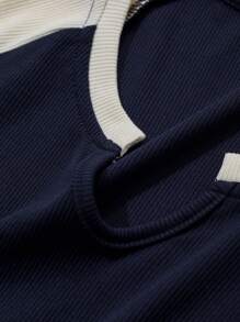 DAZY 女式休闲 V 领拼色长袖 T 恤，秋季 - 藏蓝色 - 查看 8