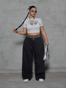 SHEIN ICON Jeans décontractés, amples et polyvalents pour femmes grandes tailles avec patchwork, insert léopard et poches - Noir - Voir 6