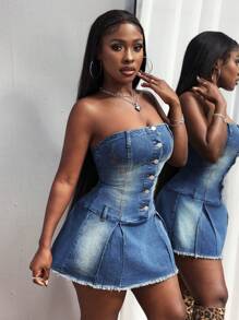 SHEIN Slayr 女士时尚性感破洞牛仔迷你露肩紧身连衣裙 - 藍色 - 查看 3
