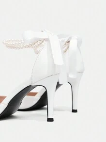 CUCCOO HITCHD Women's Pointed Toe High Heel Shoes With Pearl, Romantic Elegant Bowknot Lace-Up Bridal Wedding Pumps For Bride And Bridesmaids Valentines - White - View 6