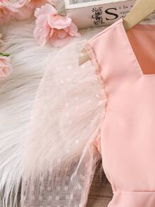 SHEIN Glamorique Kids Vestido de niña de manga abullonada transparente, elegante con lunares, ajustado a la cintura, adecuado para primavera, otoño y verano - Rosa Pálido - Ver 5