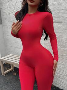 INAWLY Women's Solid Color Tight Fitting Long Sleeve Jumpsuit With Round Neck Fall Cloth For Women - Red - View 1