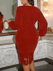 SHEIN Clasi Plus Size Women Glittery Overlapping V-Neck Lantern Sleeve Fitted Elegant Dress For Christmas Fall Cloth For Women - Red - View 2