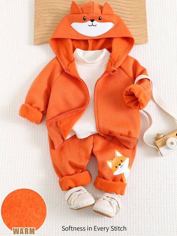Cozy Pixies 2 stuks Baby Boy Cartoon Fox Ear Hooded Cardigan Jacket & Jogger Pants Set