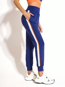 Cheerettes 女士侧条纹抽绳腰部口袋运动运动裤，适合上学和日常穿着 - 藏蓝色 - 查看 1