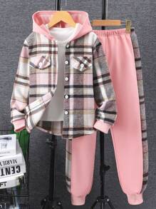 Tween Girl Plaid Hooded Jacket And Drawstring Pants 2pcs Set