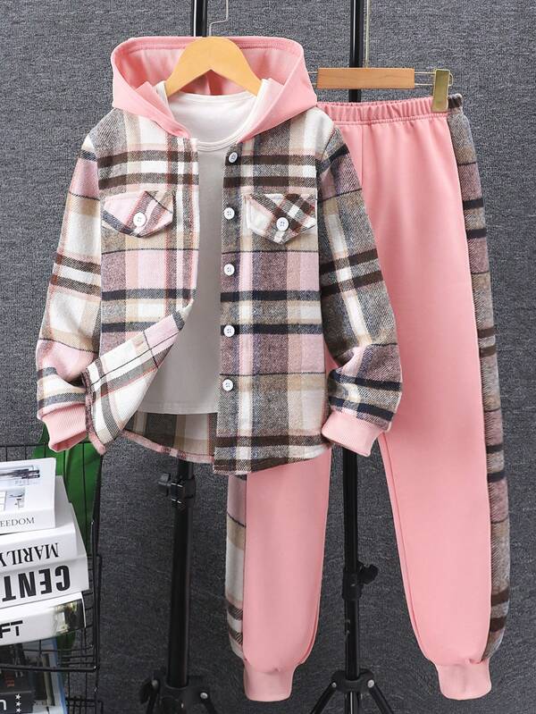 Tween Girl Plaid Hooded Jacket And Drawstring Pants 2pcs Set