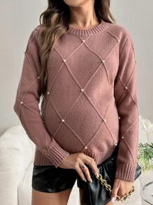 SHEIN Suéter tejido de maternidad, jerséy holgado de cuello redondo cálido y casual para mujeres embarazadas, otoño/invierno