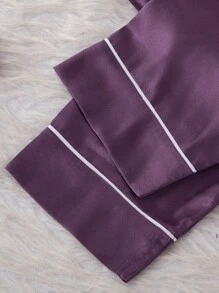 LuxeNights 2pcs/Set Faux Silk Heart Embroidered Short Sleeve Pajama Top And Pants Set - Purple - View 7