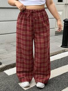 SHEIN EZwear 秋冬季大码棉质系带复古格纹裤 - 紅色 - 查看 1