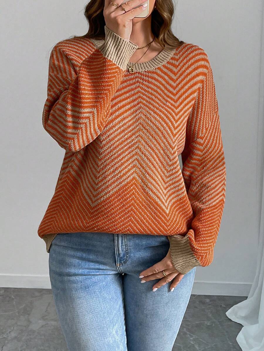 SHEIN LUNE Plus Size Casual Long Sleeve Sweater, For Winter Knit Pullover Fall - Multicolor - View 1