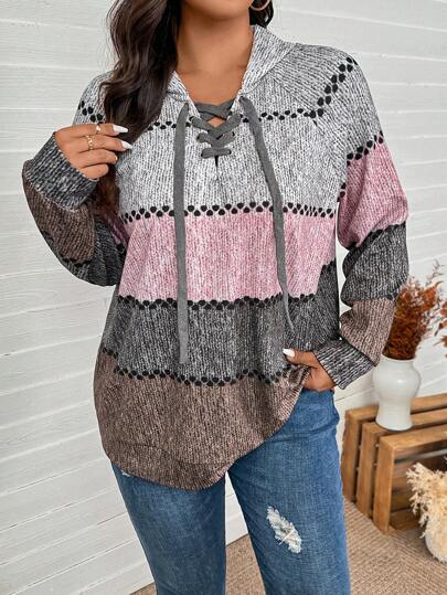 SHEIN LUNE Plus Size Women Knit V-Neck Hooded Sweatshirt With Printed Pattern, Autumn/Winter Thanksgiving Outfit Women New Years Women Outfit Winter Winter Clothes Women Rave Outfits Winter Clothes For Women Tops Hoodies Women New Years Women Outfit Winter Sweatshirt Tops Women Winter Coat Women Sweatshirts Top Winter Outfits For Women Crop Top