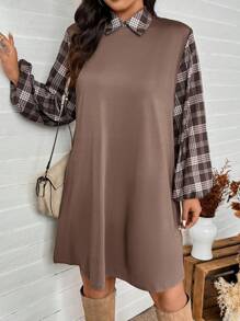 SHEIN LUNE Vestido casual holgado de talla grande para mujer con mangas farol, parches de cuadros y costilla recta, para uso en el otoño, fiesta de vacaciones o evento festivo