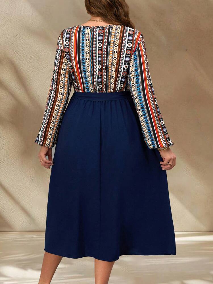 Plus Size Women's Geometric Print Lantern Sleeve Patchwork Elegant Dress,Winter Clothes For Women