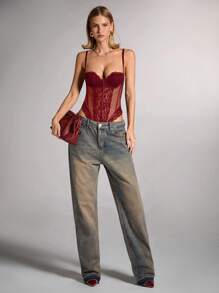 SHEIN BAE 女士细肩带蕾丝拼接黑色紧身胸衣上衣性感紧身衣、万圣节服装、猫女服装 - 酒紅色 - 查看 3