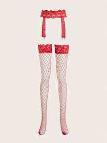Lace Garter Belt & Stocking Without Panty Bridallingerie - Red - View 6