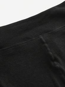 SHEIN 2 件 Tween 女童纯色图案印花圆领长袖上衣和紧身裤套装 - 黑色 - 查看 5