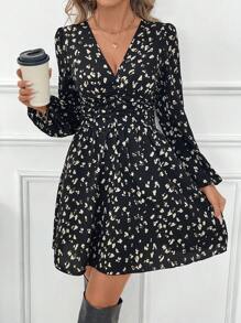 SHEIN Frenchy Women V-Neck Puff Sleeve Waist Ruched Short Elegant Dress, Autumn Winter Black