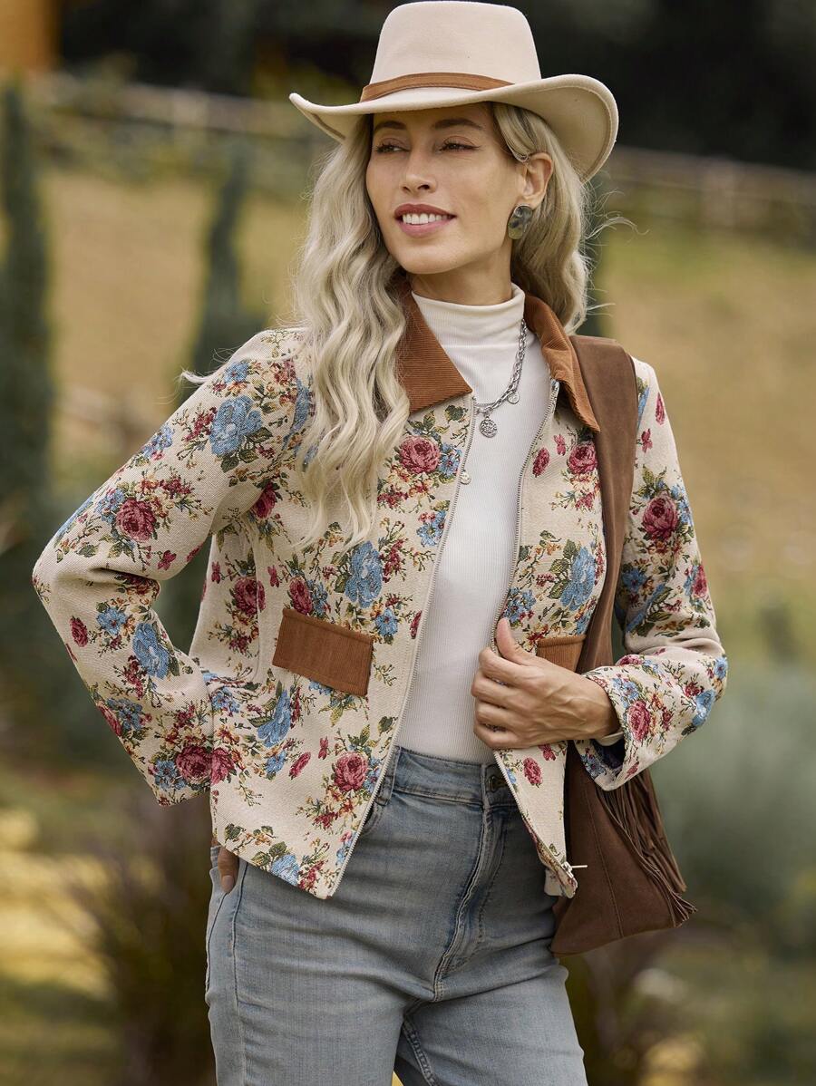 LanaWest 女士花卉印花拉链前休闲宽松夹克秋冬季