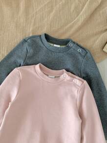 SHEIN 2 Peças Conjunto de Macacão de Manga Longa Elástico Sólido Fofo para Recém-Nascido Menina, Outono/Inverno - Multicolorido - Visão 5