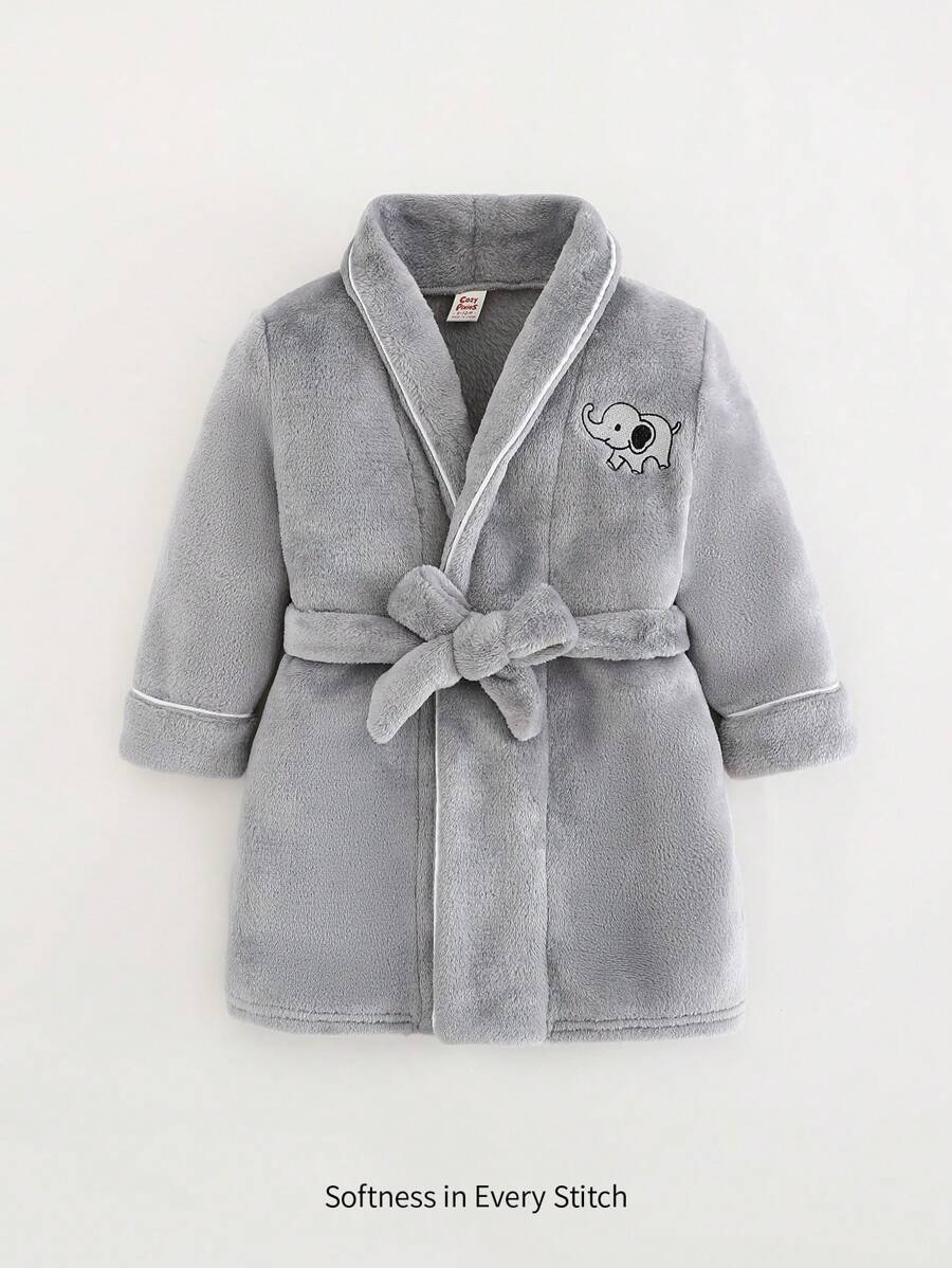 Cozy Pixies 男婴卡通大象图案法兰绒前开式浴袍 - 灰色 - 查看 1