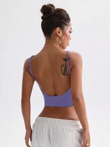 SHEIN Sport Studio 1 Piece Women's Solid Color Open Back Cropped Camisole For Daily Fitness And Workouts