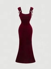 SHEIN MOD 女士细肩带蝴蝶结露背开衩胸围设计褶饰鱼尾天鹅绒红色连衣裙，红色女士连衣裙，新年女装，除夕连衣裙，连衣裙，新年派对女装，节日女装，新年连衣裙，节日派对女装 - 酒紅色 - 查看 1