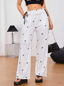 Chiquease Quần Palazzo họa tiết bướm đen trắng có viền ren - trắng - Xem 1