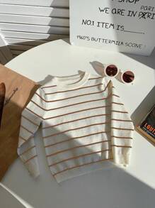 SHEIN Cute Casual Versatile Black & White Striped Long Sleeve Crew Neck Sweater For Baby Boys, Kid Knitwear, Suitable For Kindergarten, Autumn/Winter - Multicolor - View 8