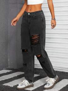 SHEIN ICON Women's Casual Distressed Cone Shape Washed Denim Jeans - Dark Grey - View 3