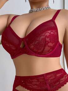 1pc Sexy Lace Plus Size Underwire Bra - Burgundy - View 4