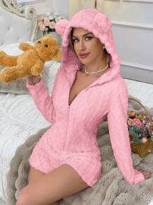 Animal Shaped Hooded Teddy Bear Embroidery Plush Women One-Piece Fluffy Romper, For Fall Winter, Cozy - Pink - View 6