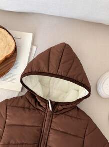 Jaqueta com Capuz com Zíper e Forro Térmico para Meninos Bebê, Marrom, Casual de Inverno, Quente, Todo-Terreno, Versátil, Macia, Confortável, Esportiva, Adequada para Neve e Uso Externo