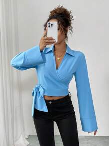 Chiquease 女士时尚交叉带长袖衬衫 - 藍色 - 查看 1