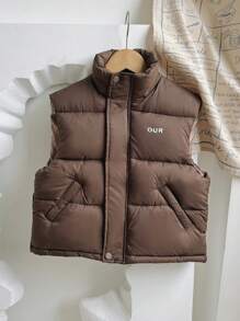 Tween Girls' Loose Casual Minimalist Comfortable Stand Collar Letter Print Sleeveless Warm Cotton Padded Coat