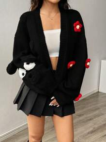 SHEIN Unity Cute Bear Flower Pattern Women Sweater Cardigan - Black - View 1
