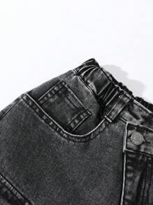 SHEIN Teen Girls Vintage Street Style Loose Relaxed Multi-Pocket Casual Black Baggy Denim Cargo Wide Leg Pants - Black - View 8