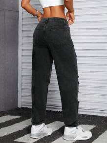 SHEIN ICON Women's Casual Distressed Cone Shape Washed Denim Jeans - Dark Grey - View 2