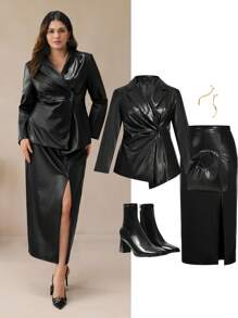 BizChic Women Solid Color Slit Simple Plus Size Casual PU Leather Elegant Commuter Skirt Fall Women Outfits Winter Women Clothes